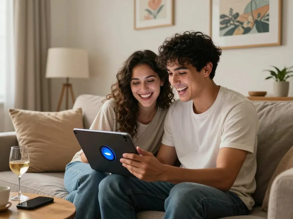 Couple enjoying a free AI sex chat on a tablet in a cozy living room