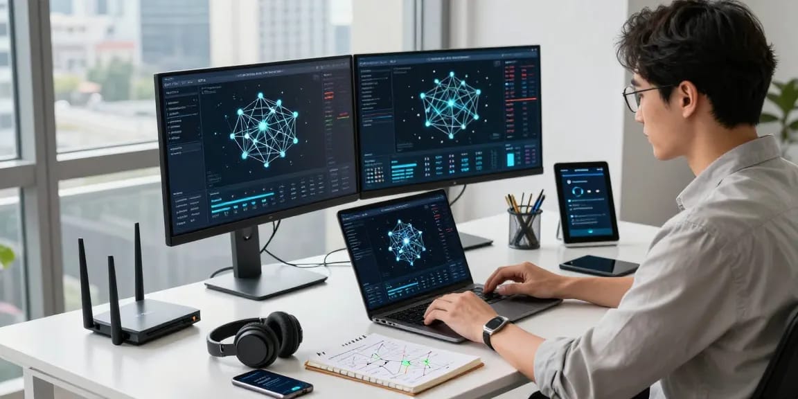 快连 network optimization specialist analyzing data in a modern tech workspace