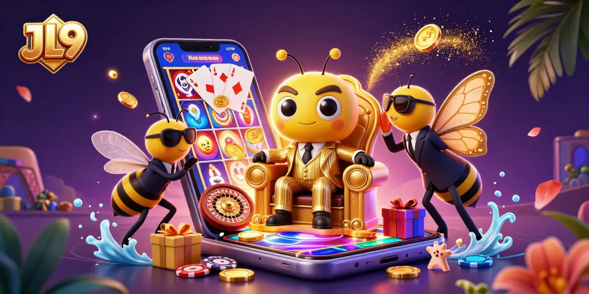 Experience exciting gaming with JL9's stunning 3D casino illustration featuring vibrant characters and game elements.