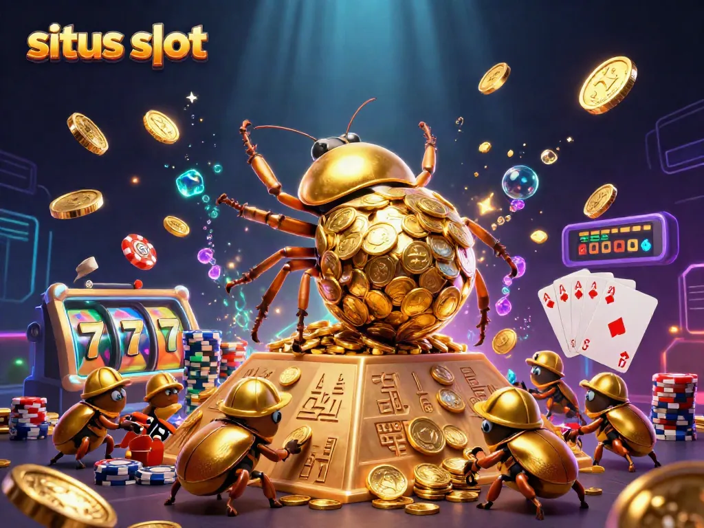 Experience thrilling fun at situs slot with vibrant casino-themed 3D art featuring golden beetles and rich game symbols.