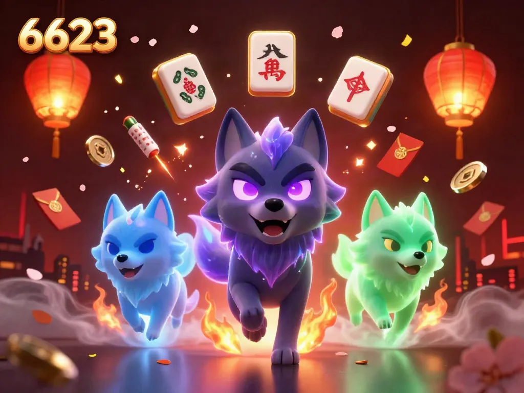 Experience 6623's thrilling world with a ghostly wolf pack leading scattered casino symbols and vibrant lanterns in a captivating scene.