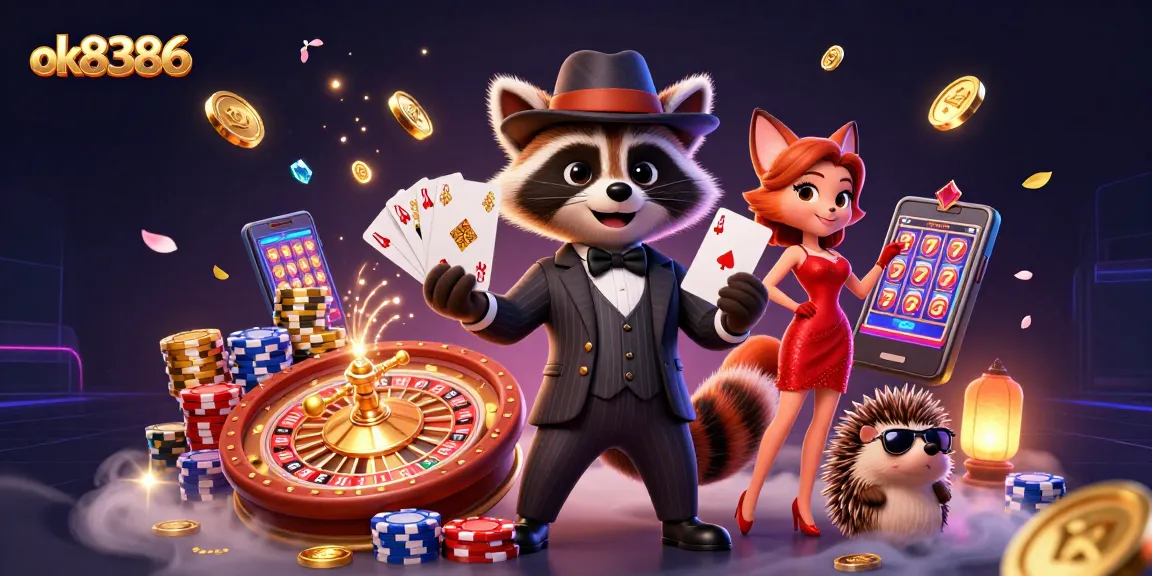 Experience excitement at ok8386 with a vibrant casino scene featuring a royal flush and jackpot elements.
