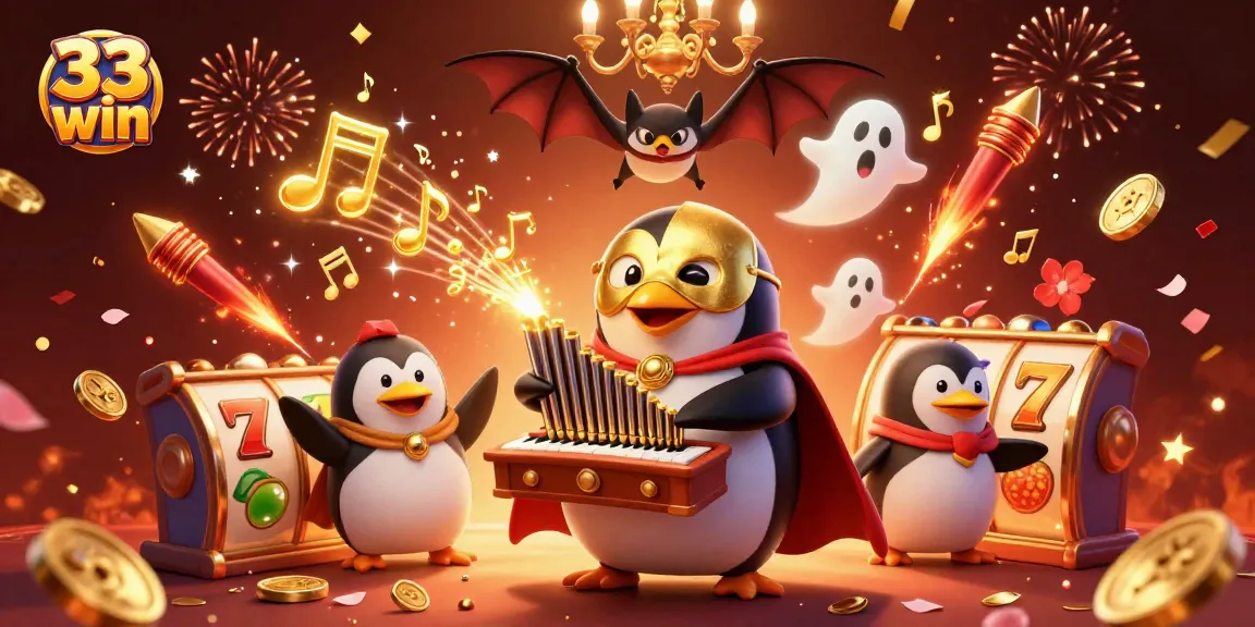 Experience excitement with 33 win as the penguin plays an organ shooting golden coins in a festive casino scene.