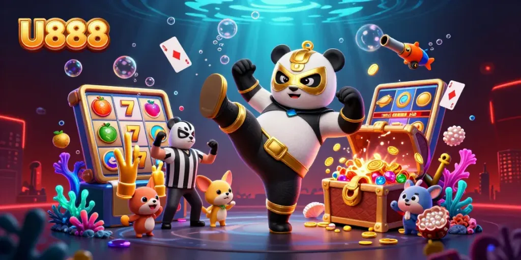 U888's dynamic casino scene featuring animated panda wrestler, slot games, and lively crowd watching