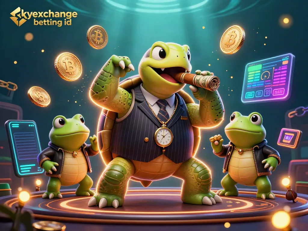 Engage with the vibrant scene featuring a massive turtle in a suit representing skyexchange betting id, surrounded by crypto elements.