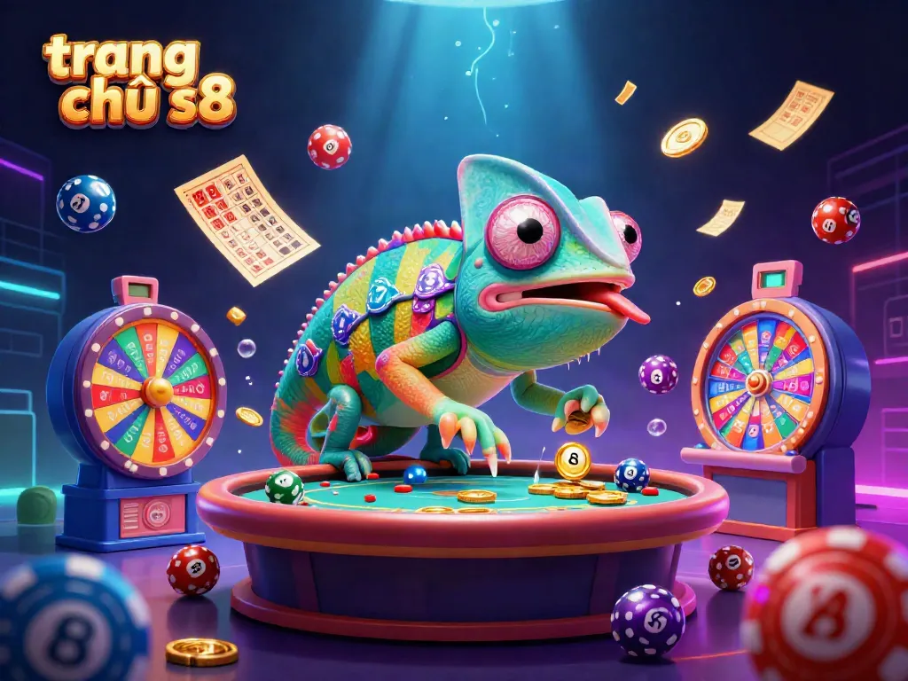Experience vibrant gaming at trang chủ s8 with a lively scene of a chameleon casino owner and exciting lottery elements.
