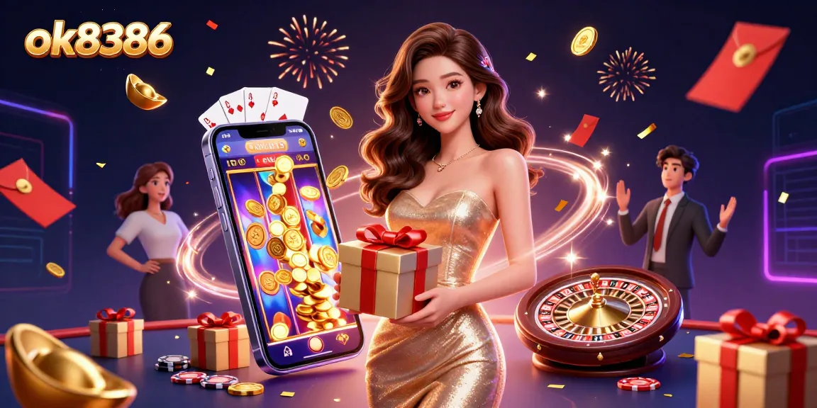 Experience the excitement of ok8386 with a stunning Asian woman surrounded by casino elements and celebrations.