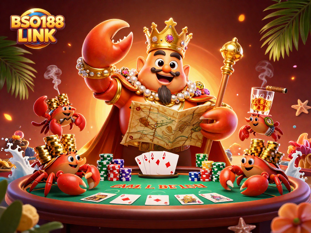 Engage with BSO188 LINK at the vibrant poker scene with a majestic crab emperor amidst dynamic gaming elements.