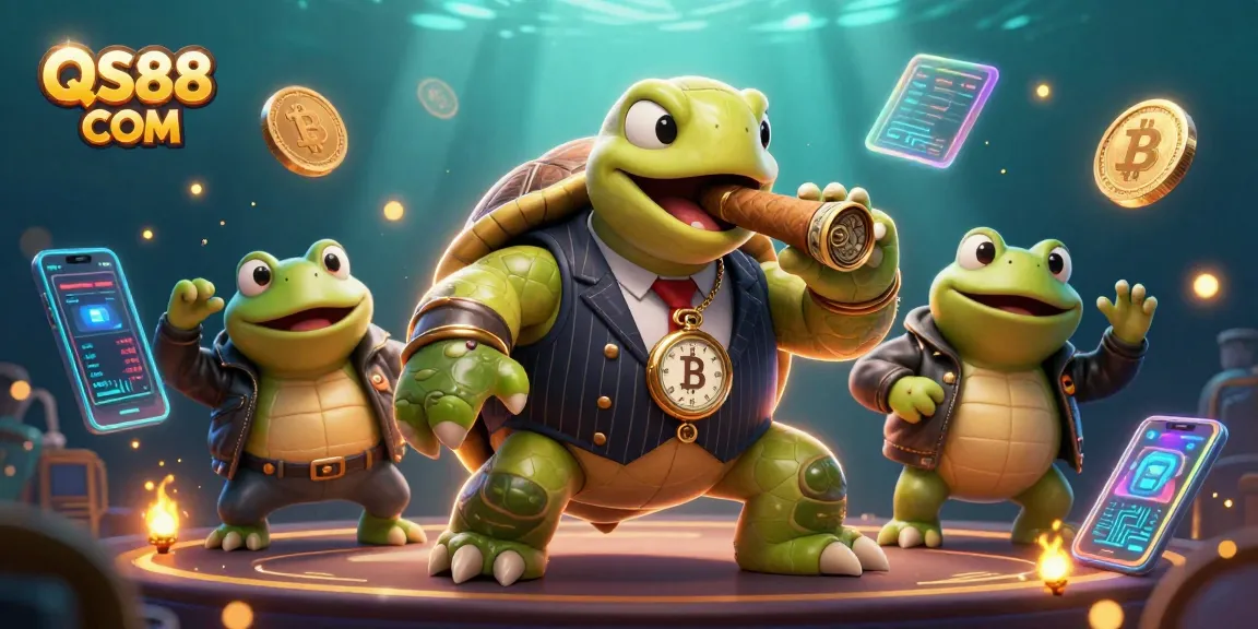 Spin the reels at QS88 COM with a vibrant casino scene featuring a snapping turtle in mobster attire and bullfrog enforcers.