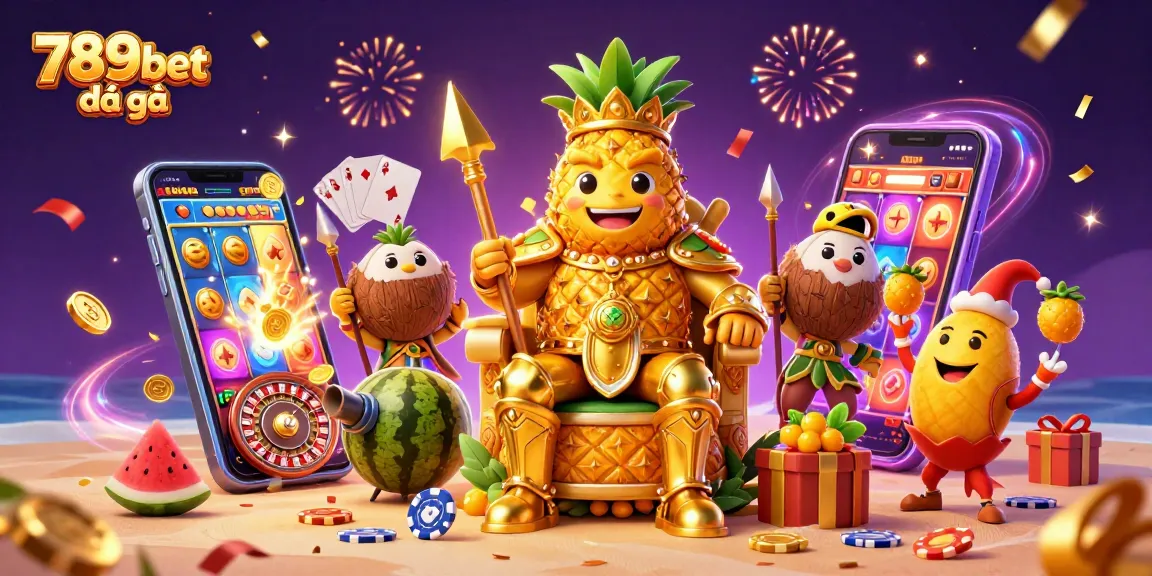 Play 789bet đá gà with an energetic scene of a golden pineapple king amidst a vibrant casino environment.