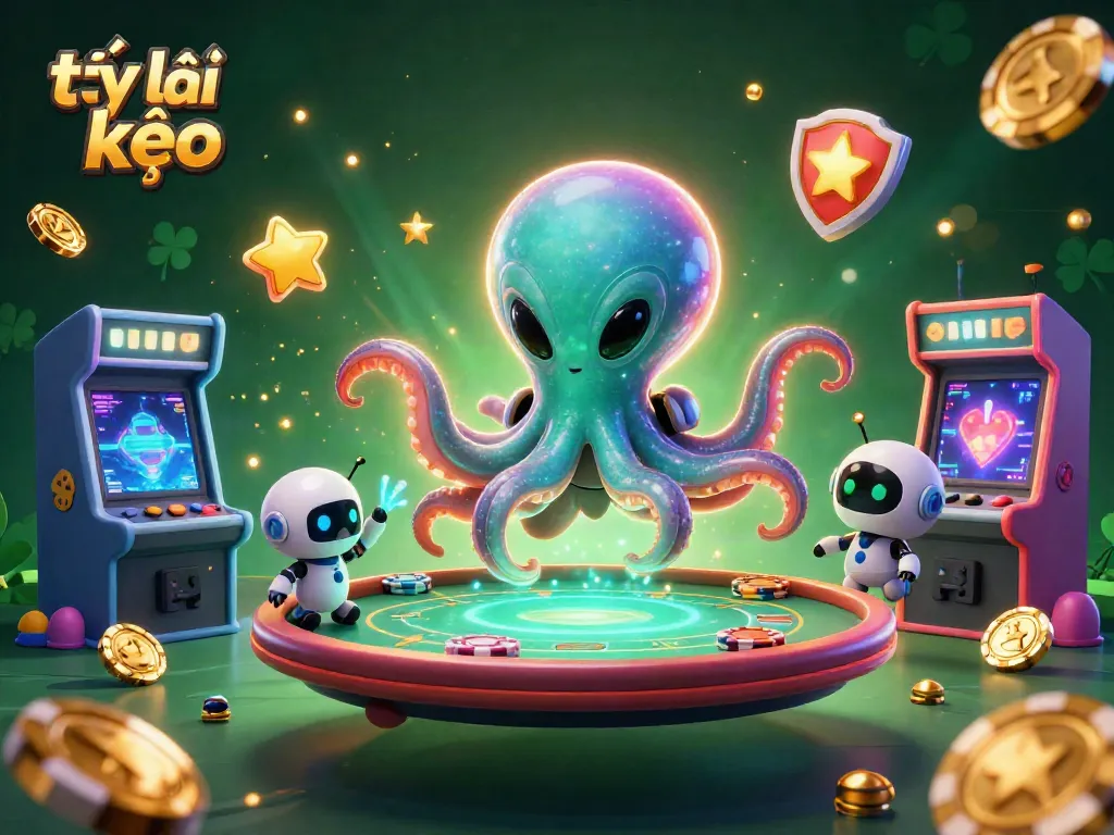 Engaging tỷ lệ kèo scene with an alien octopus and robot at a holographic poker table in a vibrant casino.