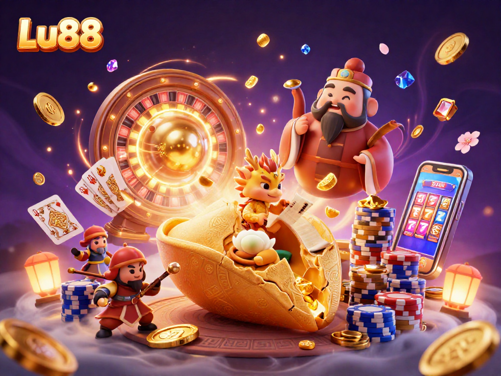 Experience thrilling gaming at Lu88 with a vibrant 3D casino illustration showcasing luxury and excitement.