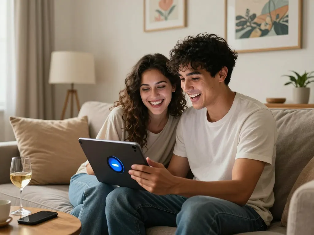 Couple enjoying a free AI sex chat on a tablet in a cozy living room