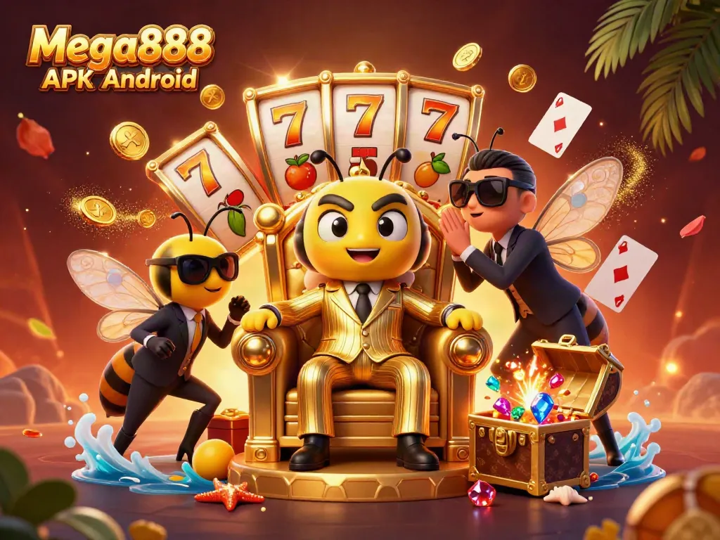 Experience the thrilling Mega888 APK Android download surrounded by vibrant casino elements like spinning slot reels.