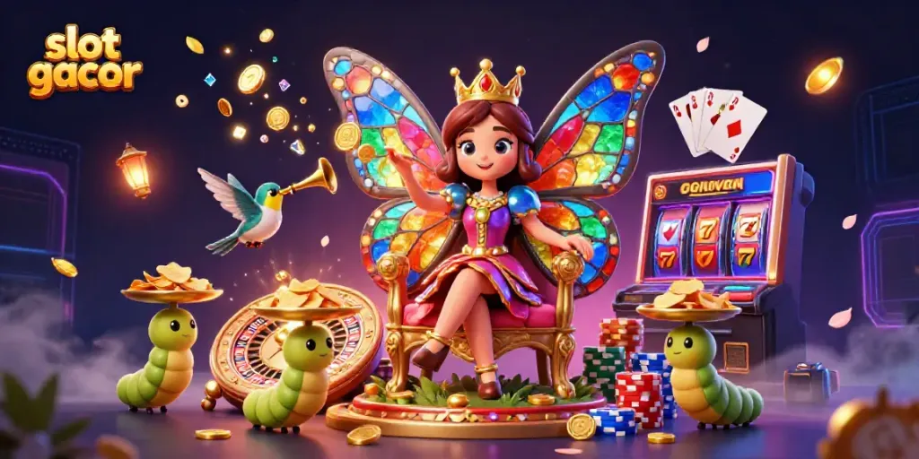 Experience slot gacor excitement with the animated scene of the butterfly queen and casino elements.