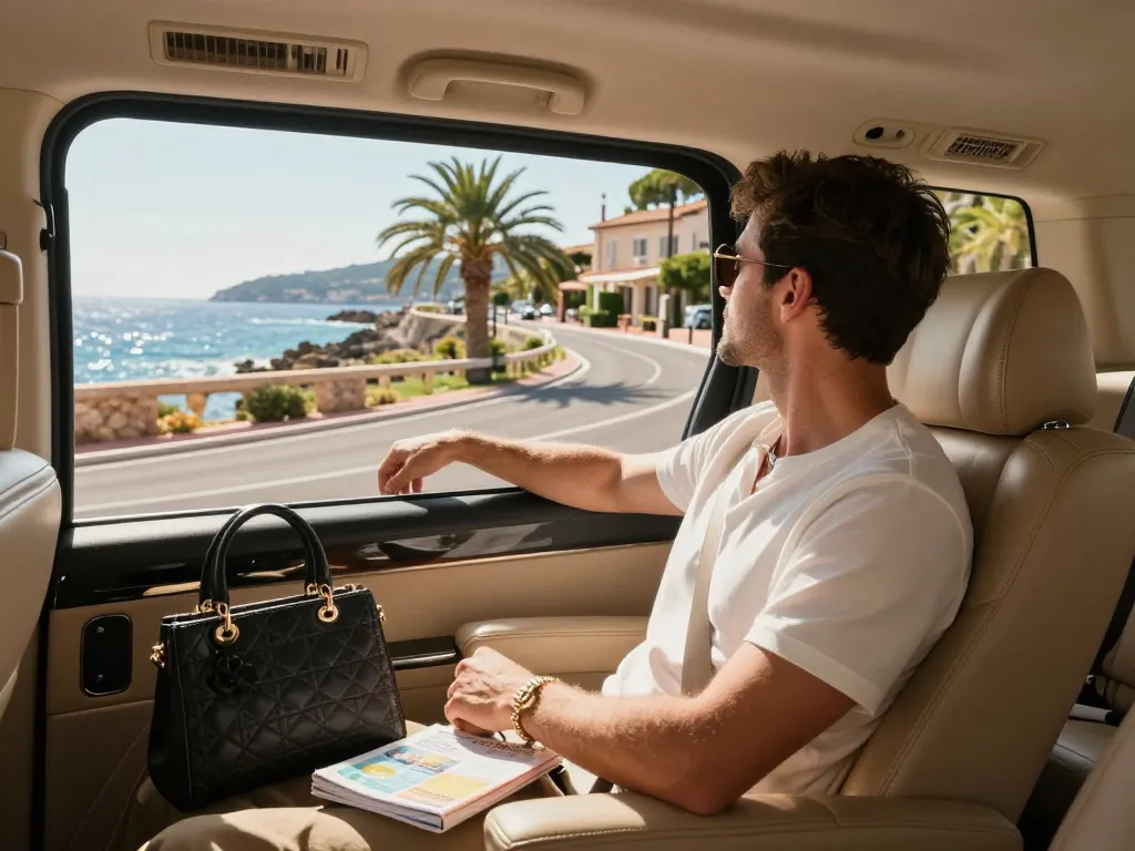 Taxi Saint Tropez luxueux avec des vues époustouflantes sur la Riviera et un voyageur élégant.
