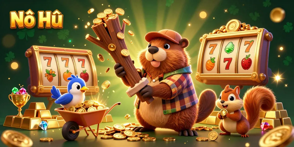 Nổ Hũ reveals a vibrant 3D beaver themed slots scene with golden coins and jackpot excitement.