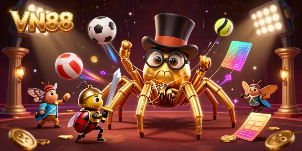 Experience the thrill of VN88 with a vibrant scene of a golden tarantula and beetle knight in an enchanting casino atmosphere.