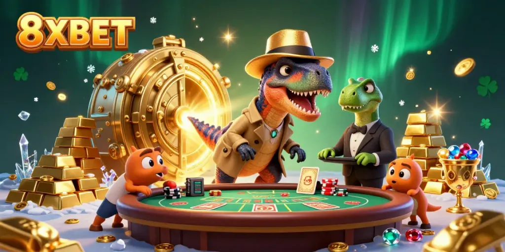 Experience the thrill at 8XBET with cartoon characters in an exciting blackjack scene full of treasures.