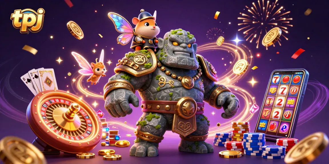 tpj magical scene with a stone golem guardian, fairy, and hamster knight amidst casino excitement