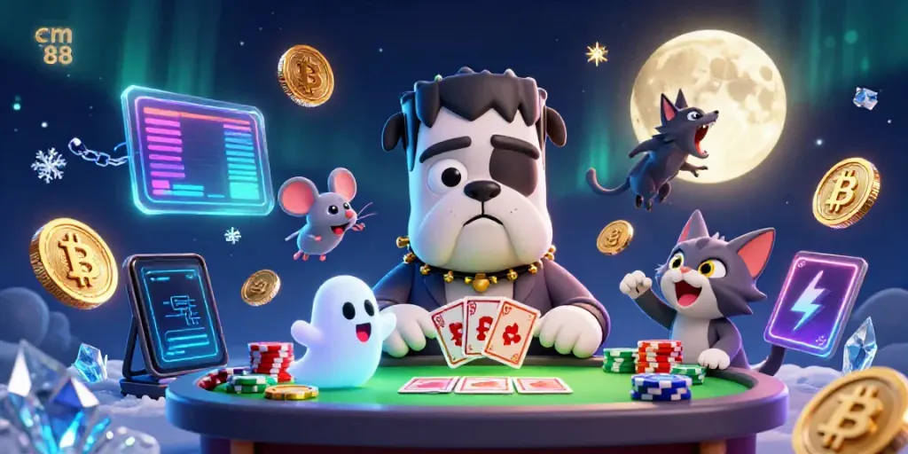 Engage with games at cm 88's monster-themed casino table with spooky characters and crypto elements.
