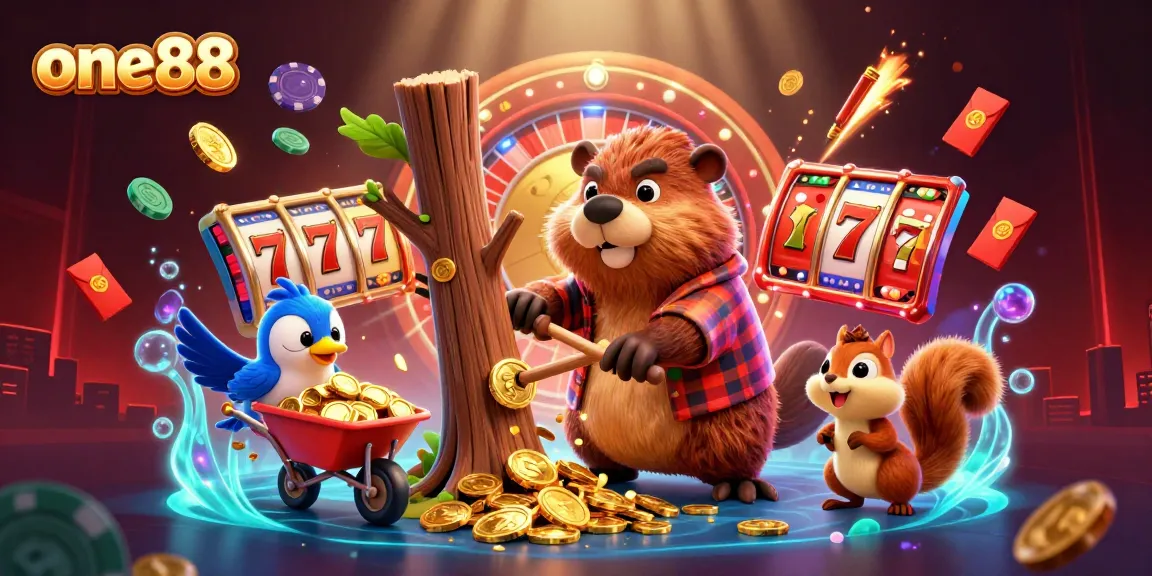 Experience high-stakes excitement with one88, as a beaver collects gold coins in a vibrant casino scene.