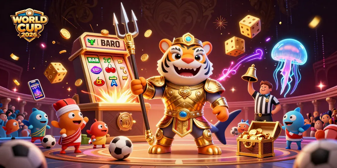 Experience the thrill of WORLD CUP 2026 with a lively underwater scene of colorful 3D casino elements.