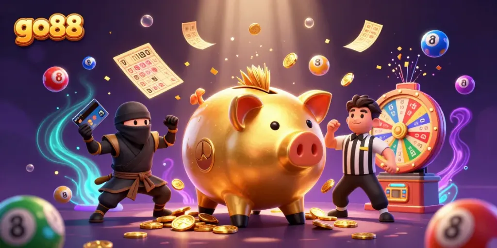 Experience gaming excitement with go88's vibrant 3D illustration showcasing a piggy bank sumo wrestler amidst colorful lottery elements.