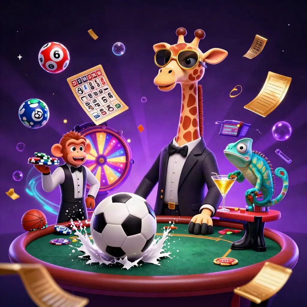 Cartoon giraffe, monkey, chameleon, flying football, chips, balls, and neon casino glow