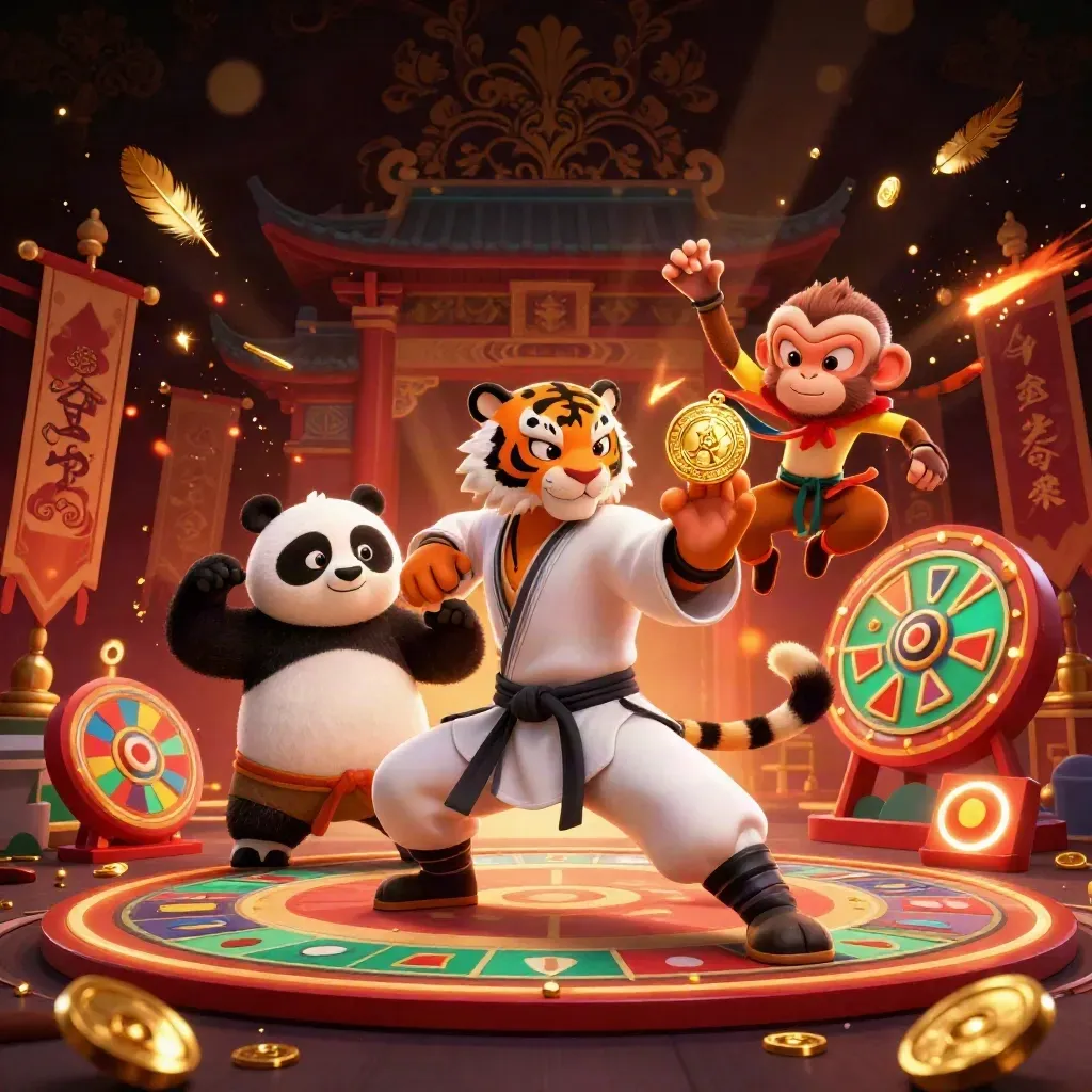 Three kung-fu casino animals in a golden temple scene with chips, cards, and dramatic light.