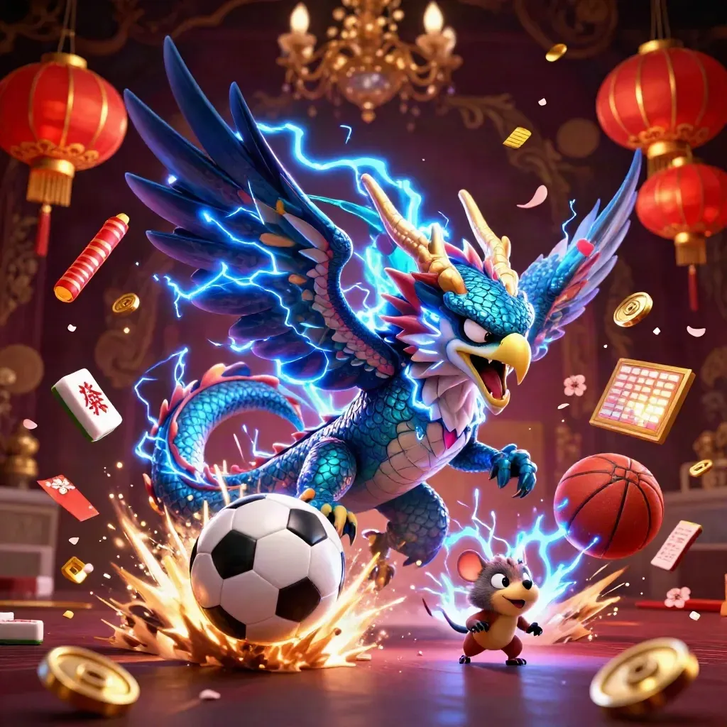 Fantasy thunder dragon, hawk and mouse amid sports balls, casino tokens, gold sparks, dark luxe backdrop.