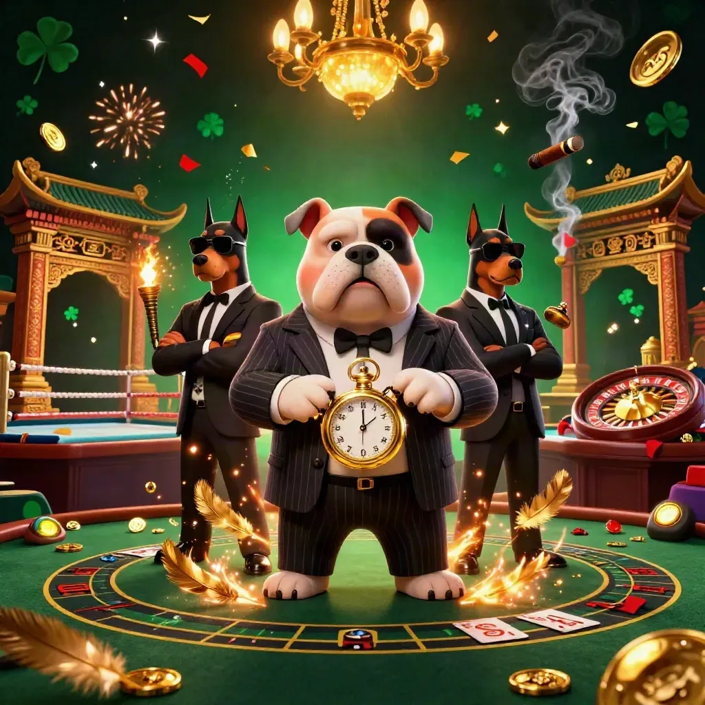Cartoon bulldog crime boss with Dobermans amid casino lights, coins, temple gate, fireworks