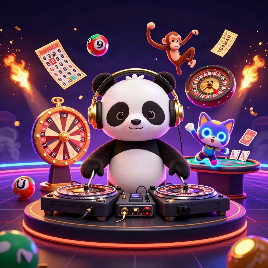 DJ panda, breakdancing monkey, and glow-stick kitten amid casino lights and floating game icons.
