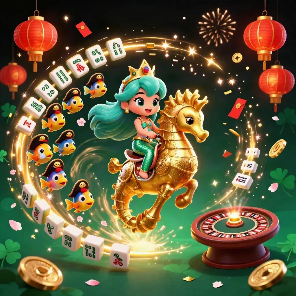 Mermaid princess on armored seahorse amid casino magic, lanterns, coins, and fireworks