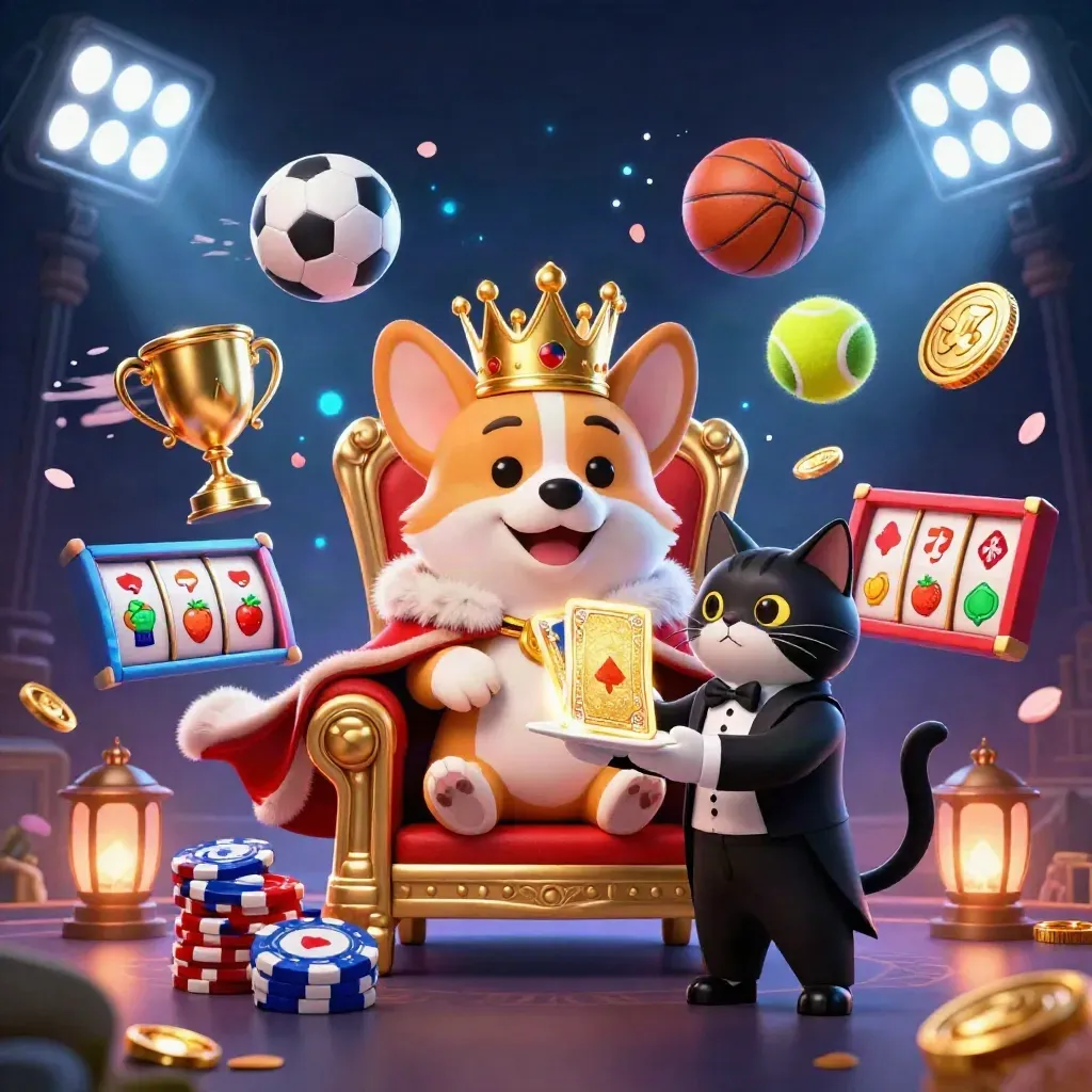 Crowned corgi and cat butler amid flying sports balls, coins, and casino magic