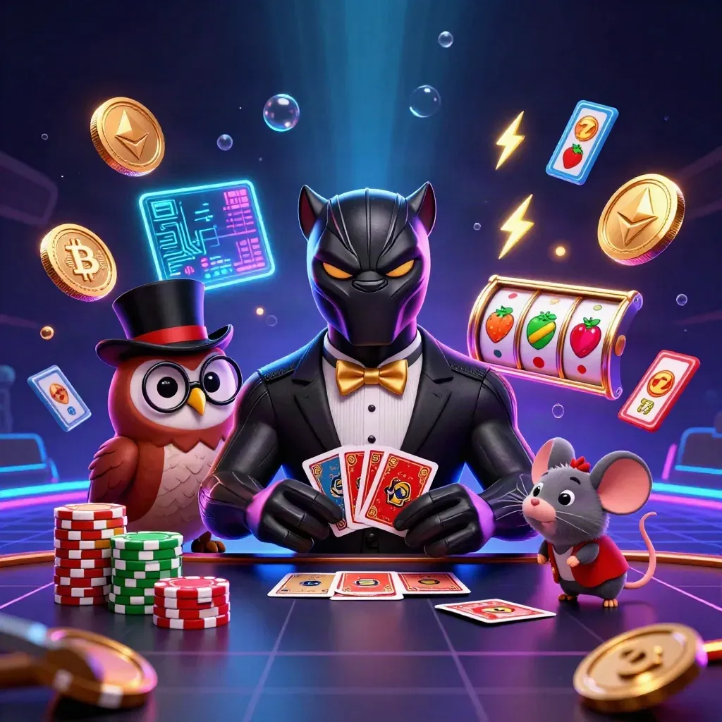 Panther, owl and mouse deal cards amid coins, chips and neon casino energy.