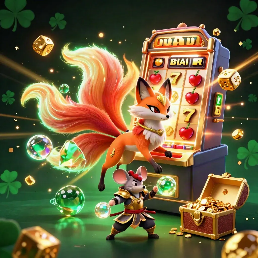 Neon fox spirit with a golden mouse companion, bursting casino jackpot effects and glowing treasure.