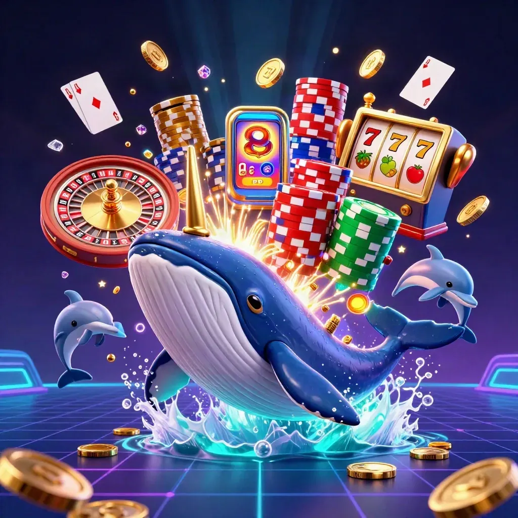 Whale captain, narwhal, and dolphins burst through coins in a neon-gold casino splash scene.