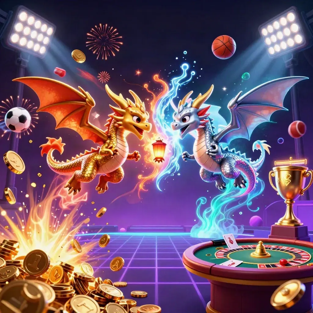 Twin gold and silver dragons burst through coins, fire, ice, and casino lights.