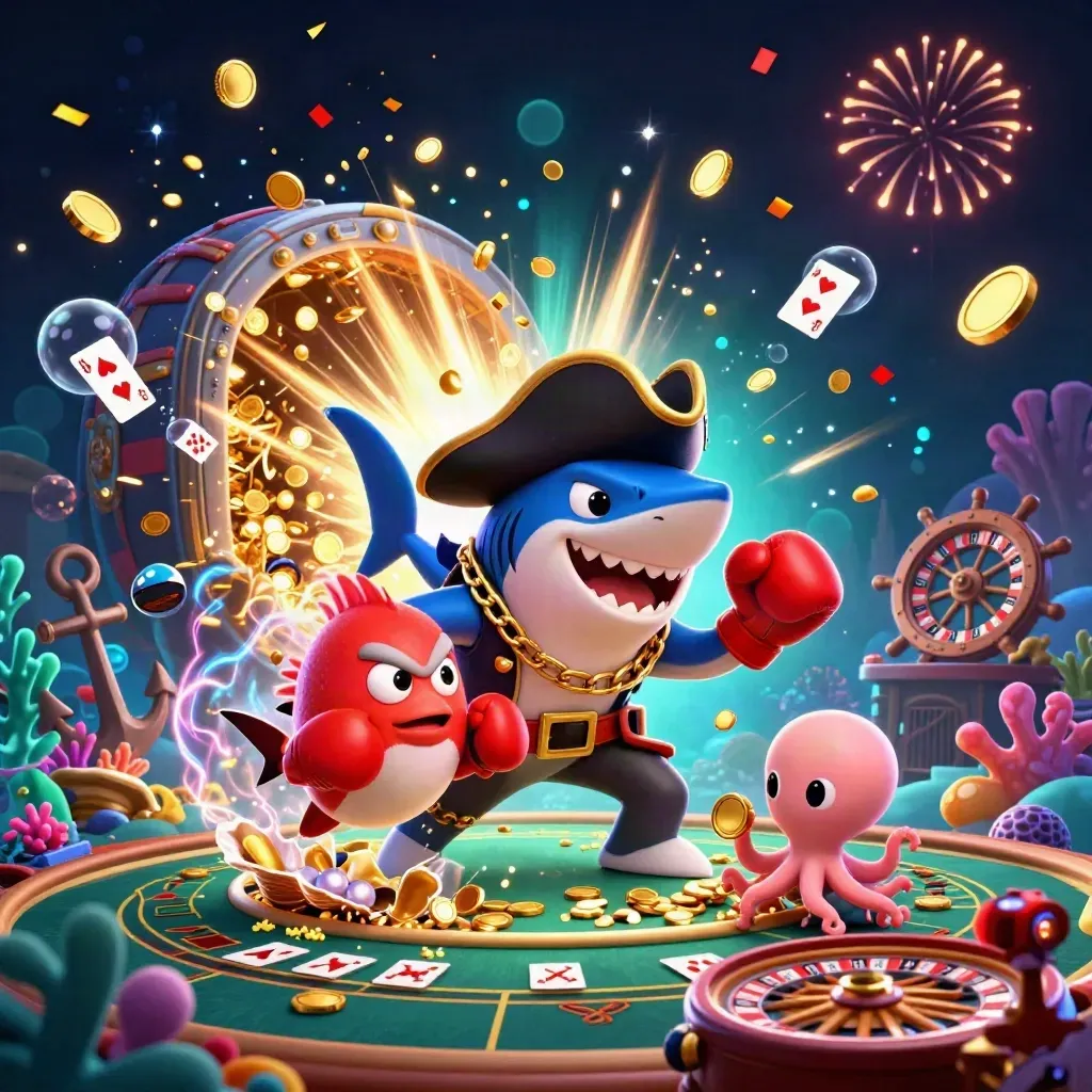 Pirate shark, pufferfish, and baby octopus amid coins, fireworks, and treasure in a dark casino cove.
