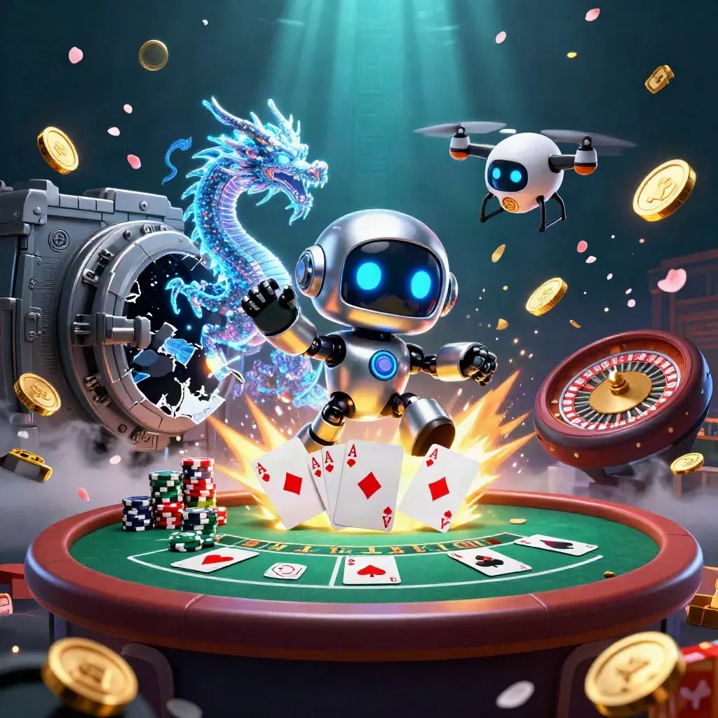 Cyberpunk robot, holographic dragon, and coin drone amid vault coins, fireworks, and casino gear.