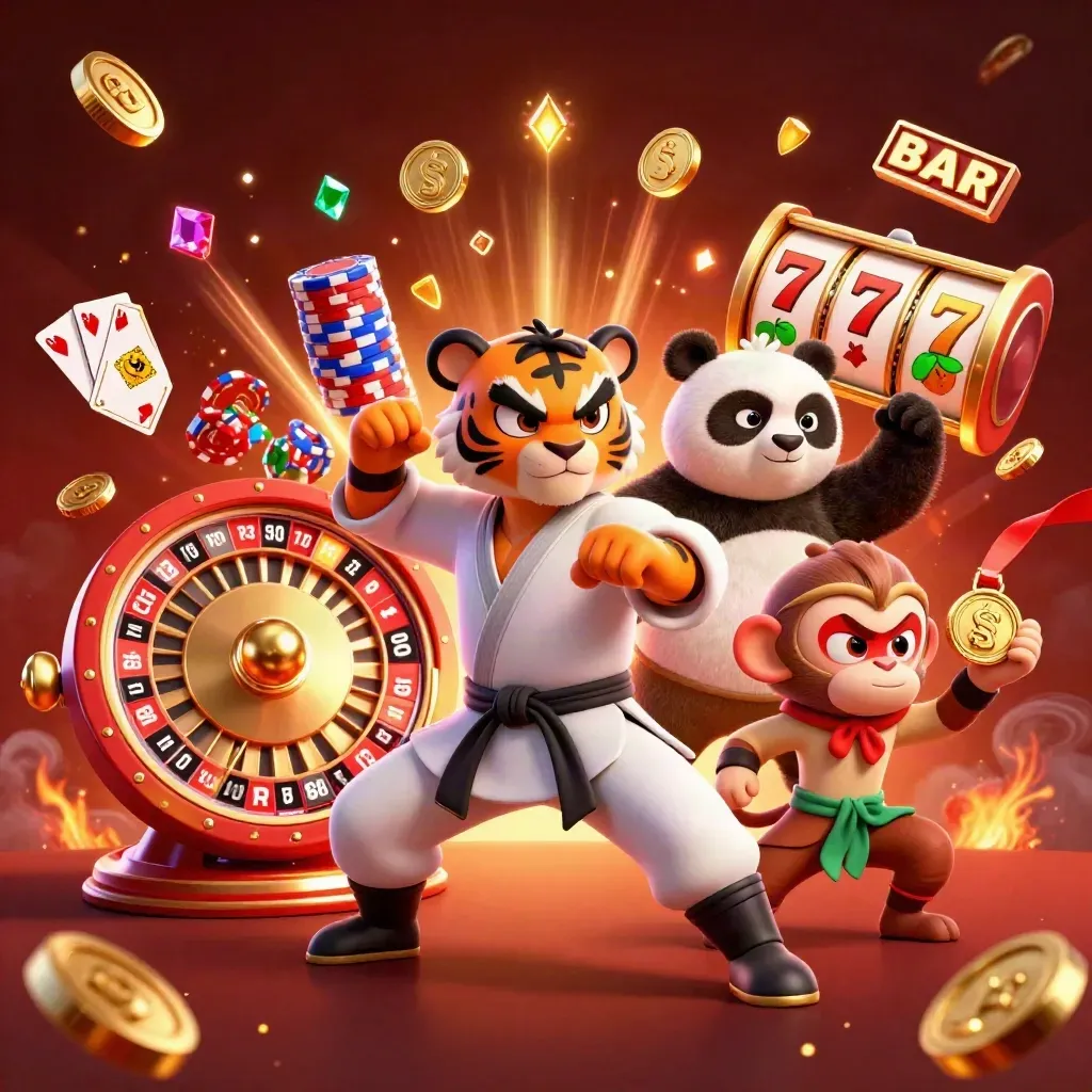 Kung-fu tiger, panda, and monkey amid casino reels, coins, chips, and glowing embers.