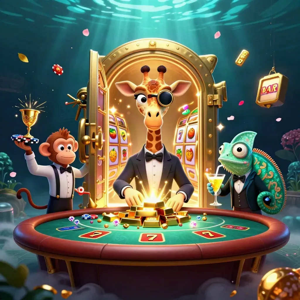 Giraffe, monkey, and chameleon casino trio before a glowing treasure vault, with gold, gems, and slot symbols.