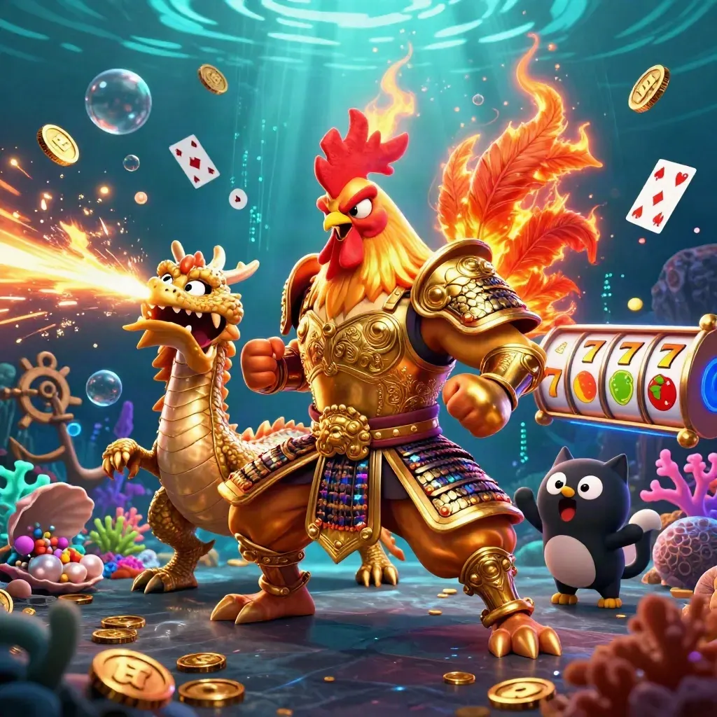 Rooster samurai, dragon hatchling, and cheering fortune cat in a neon underwater casino scene.