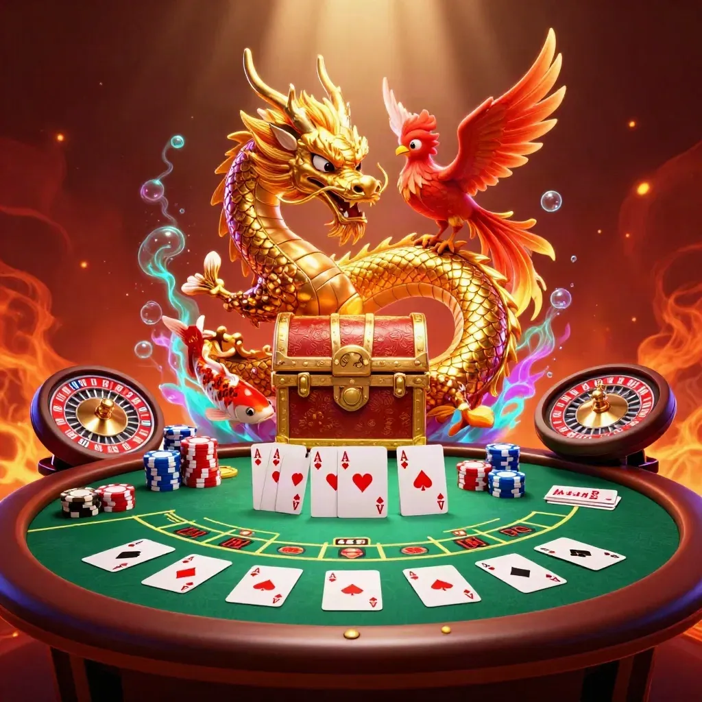 Golden dragon, red phoenix, koi, chips, cards, and casino glow in a square key art scene.