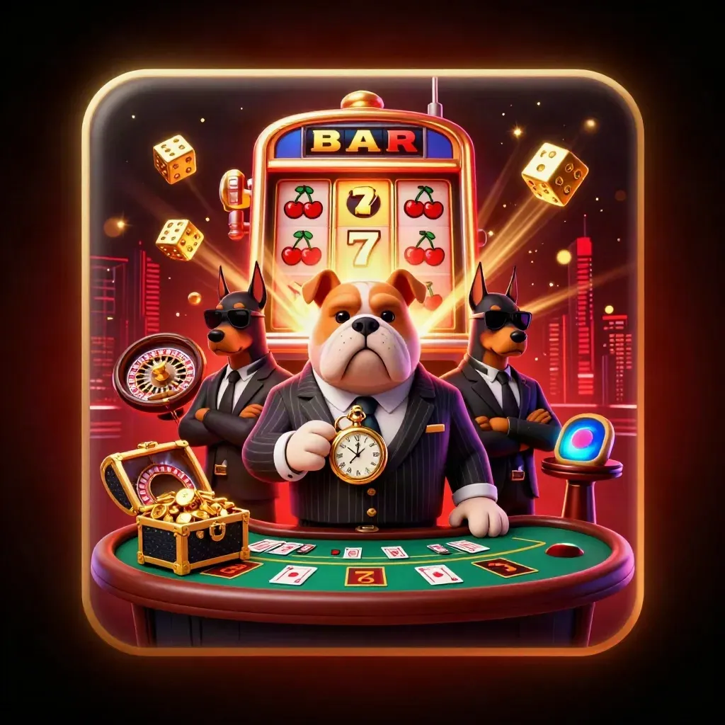 Bulldog boss and two Dobermans amid casino jackpots, slot reels, coins, and neon gold glow.