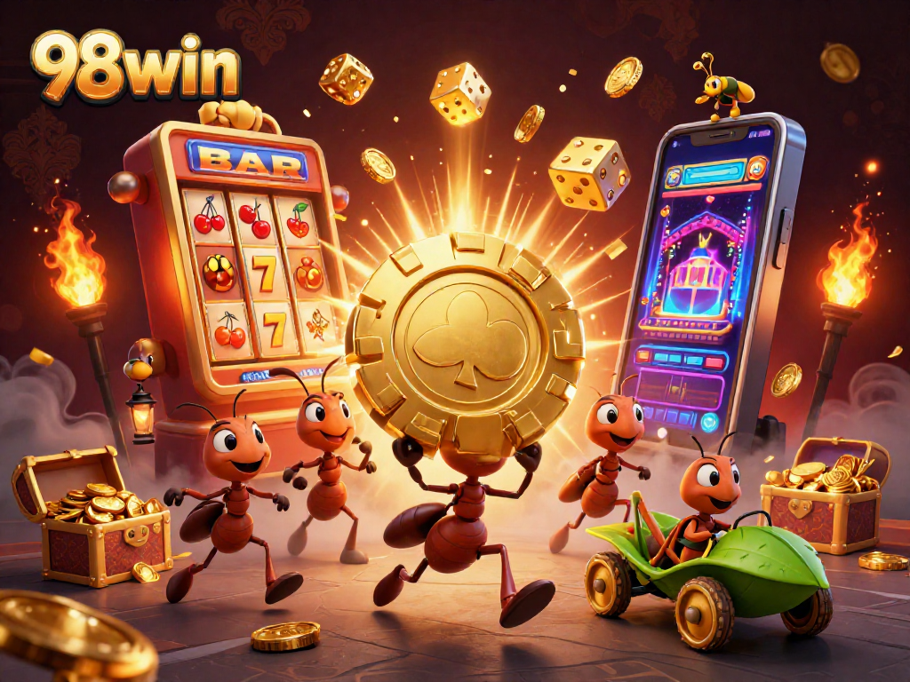 Join the excitement with 98win as cartoon ants carry a giant poker chip amidst a casino heist