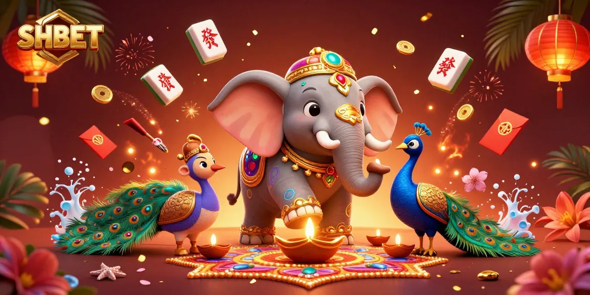 Experience the excitement of SHBET with a vibrant 3D illustration of a Diwali-themed elephant and casino elements.