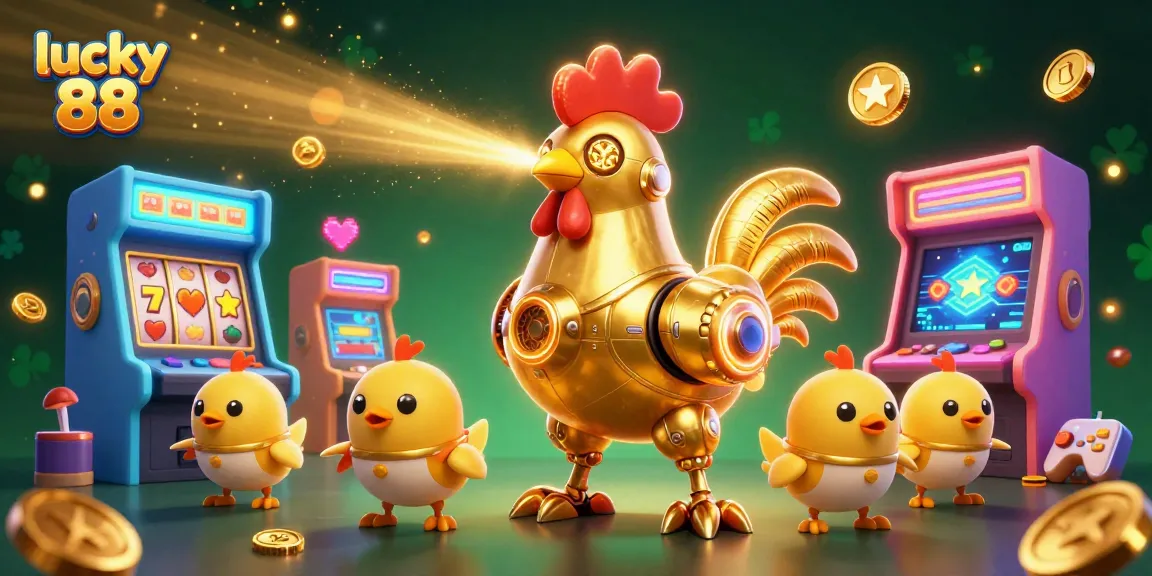 Experience luck with the lucky 88 slot illustrated by a golden rooster robot in a vibrant casino.