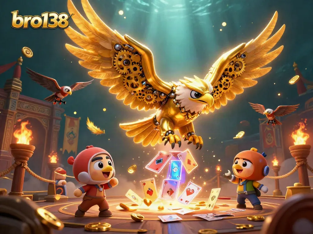 Experience the thrill of bro138 slots with a golden eagle soaring through holographic cards.